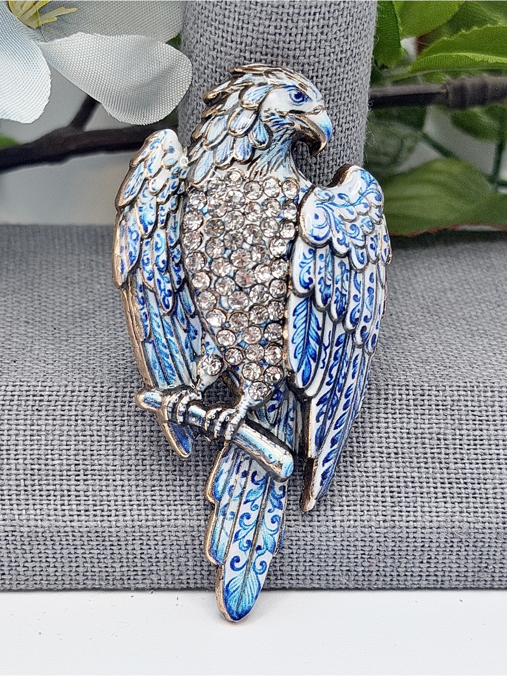 Eagle Brooch, blue & white w/rhinestones